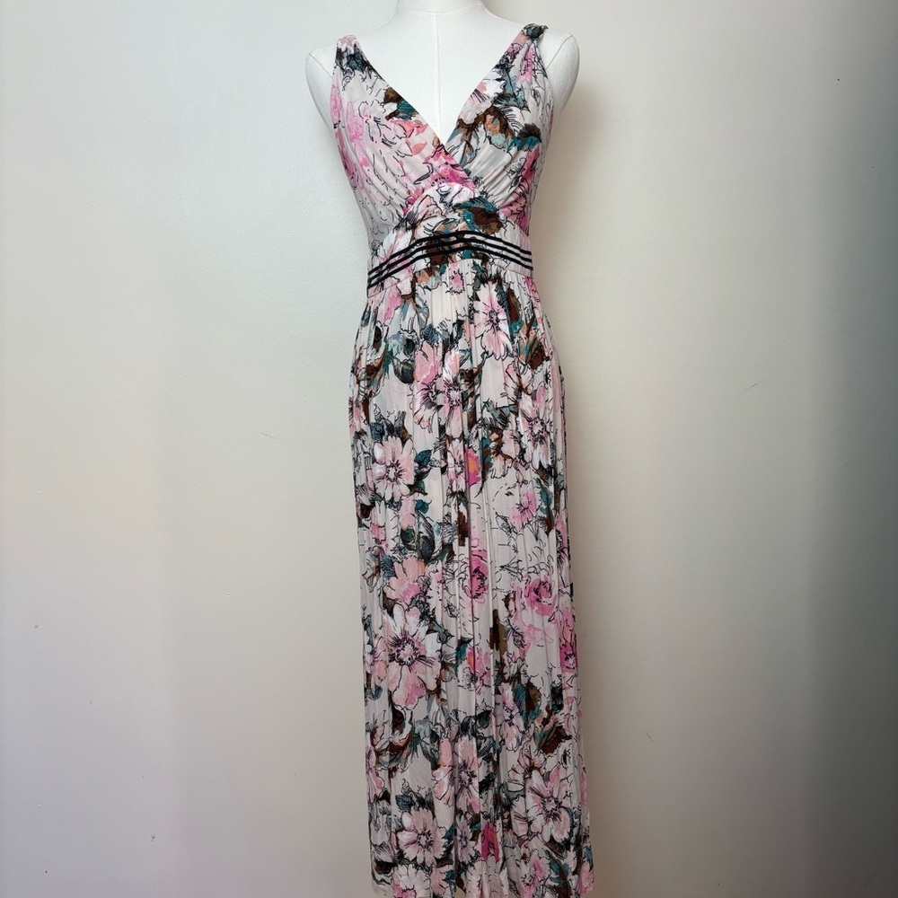 Anthropologie Sleeveless V Neck Wide Leg Floral Jumpsuit Cinched Waist Pockets